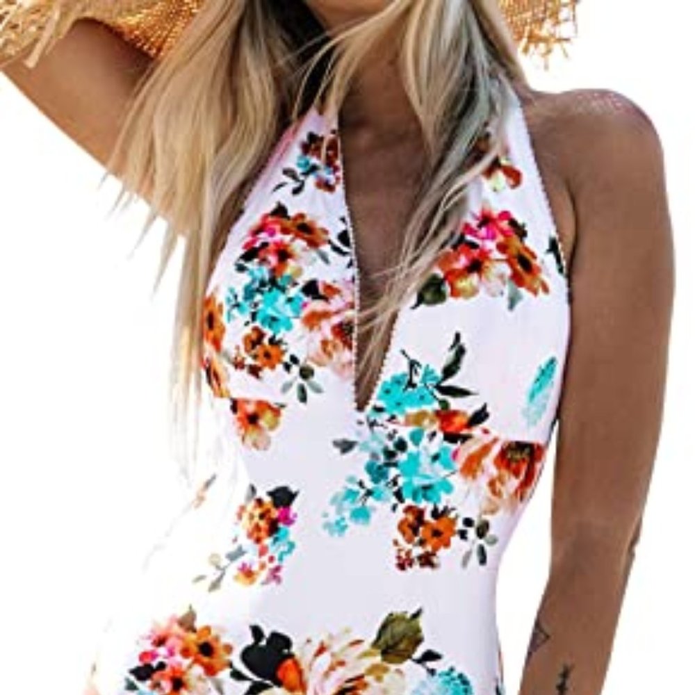 CUPSHE Women's Tie Waist Floral Print 1 pc halter - Picture 2 of 5